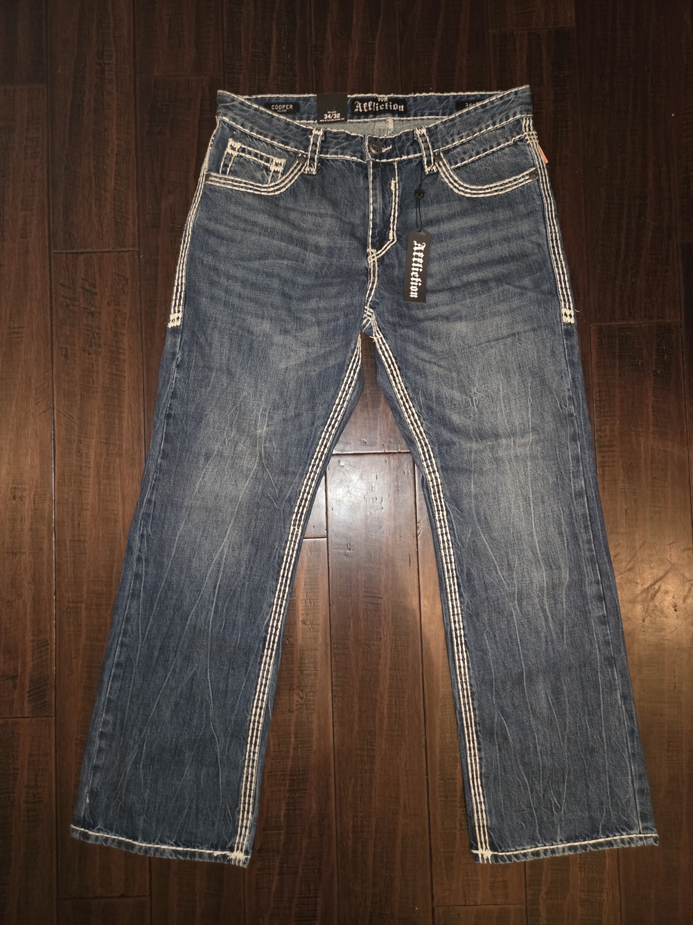 Affliction Dark Blue Denim Jeans with White Stitching